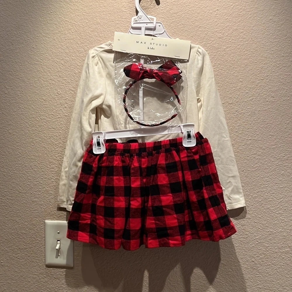 New Max Studio Girl’s Buffalo Plaid Check Heart 3 piece outfit NWT